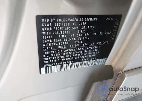 2012 Volkswagen Tiguan Se z USA, uszkodzony, nr VIN WVGAV7AX8CW570531